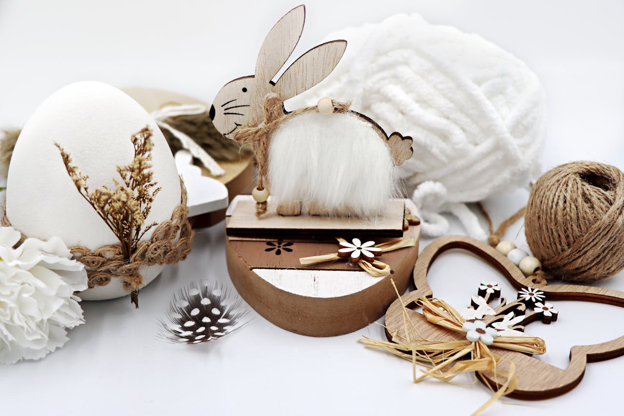 Rustic Easter decor featuring a wooden bunny, eggs, and natural materials for a sustainable celebration.