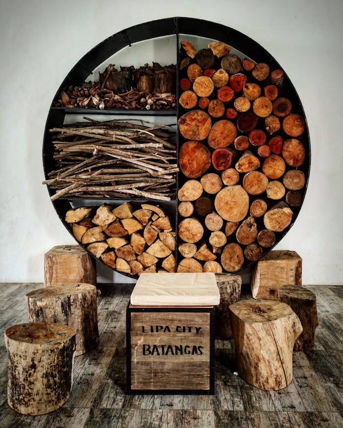 Artistic display of firewood and tree logs in Lipa City, Batangas with seating arrangement.